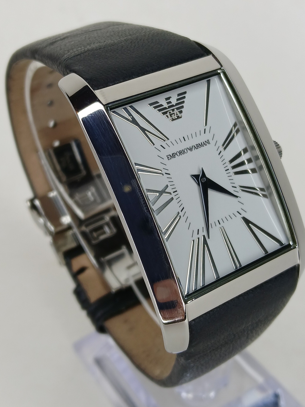 Emporio Armani Men’s Black Leather Strap Rectangular Silver Watch